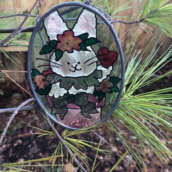 VTG Lovely Bunny in a Plant Pot surrounded by flowers & love. Suncatcher - Picture 1 of 7